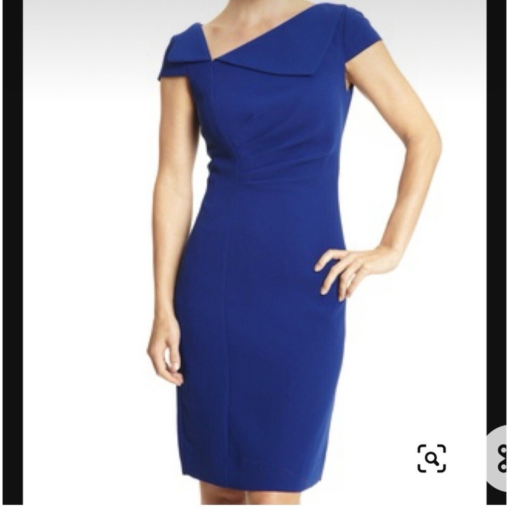 TAHARI. Blue Shift Dress. Envelope Collar. S 10. Cap sleeves. Midi. Fully Lined. - Picture 2 of 12